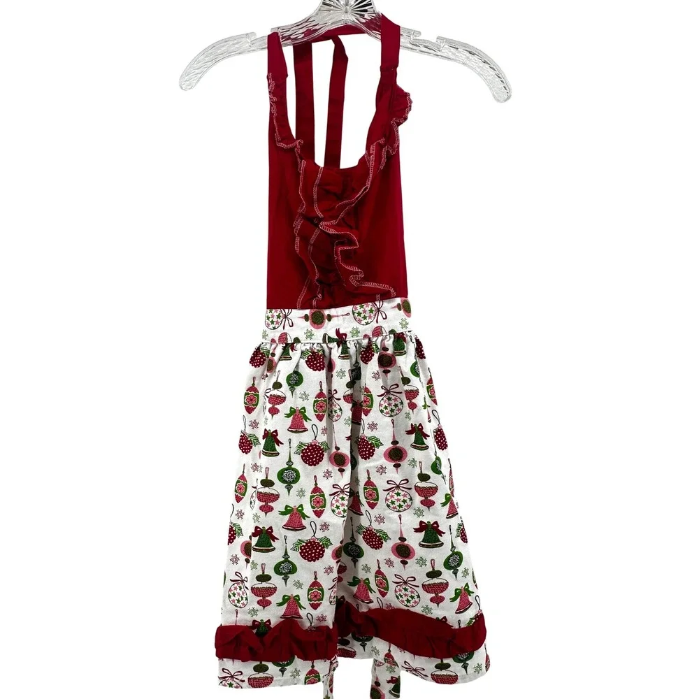 Christmas Kitchen Apron Red Green Ornament Bell Print Ruffle Cotton